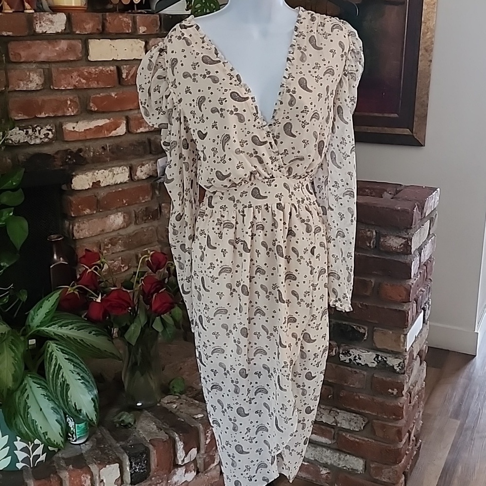 For Love & Lemons Paisley Puff Sleeve Midi Dress Cream Black V-Neck Boho Romanti
